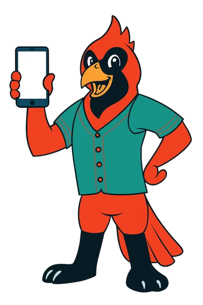 Casey the Cardinal holding a phone